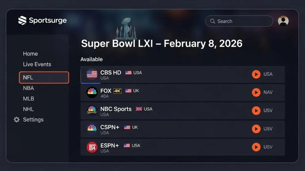 Sportsurge Superbowl 2026 navigation and stream selection