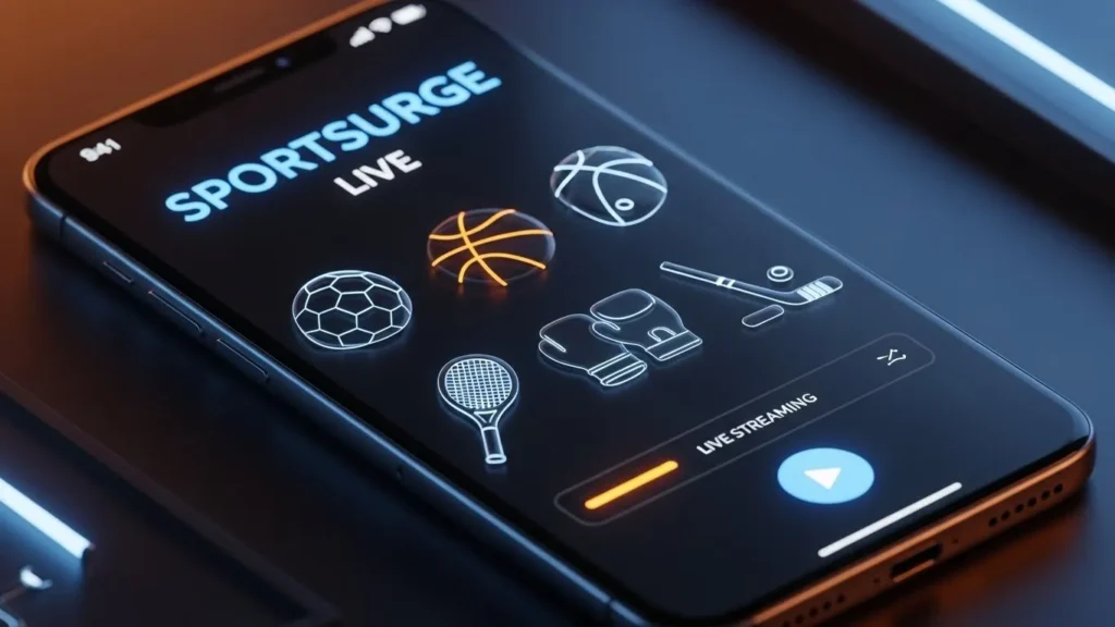 Sportsurge app interface showing live sports streaming categories.
